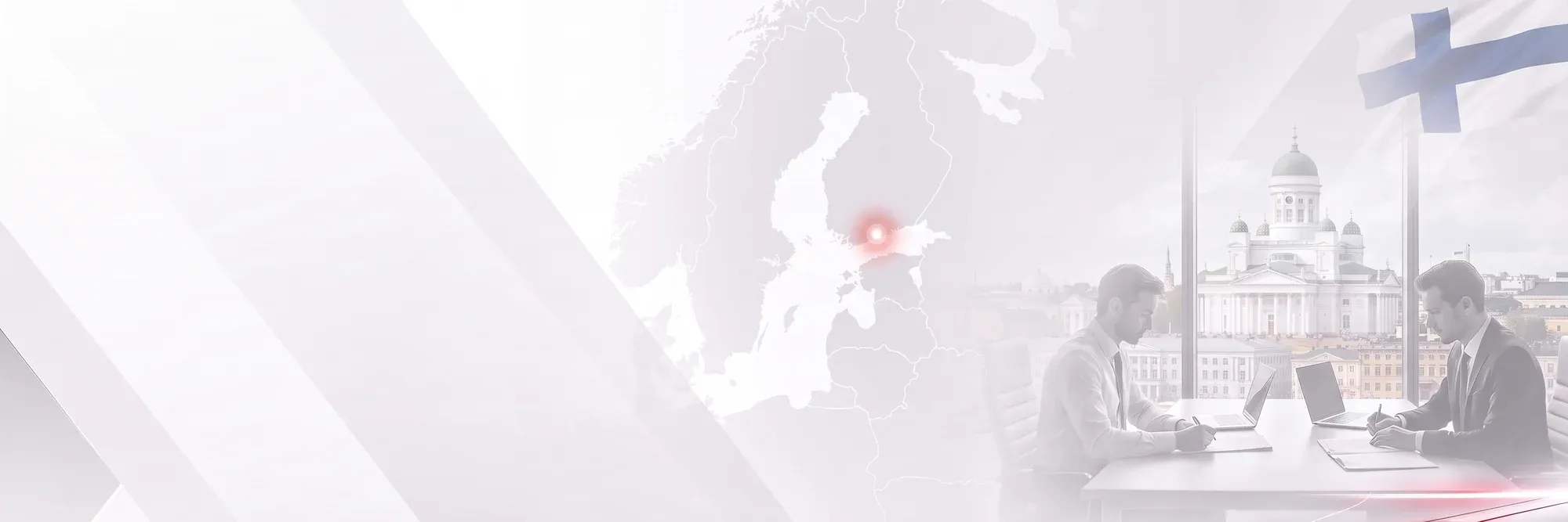 Company formation in Finland: two founders signing company documents, with Helsinki in the background