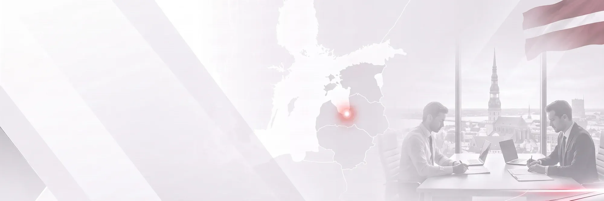 Company formation in Latvia: two founders signing company documents, with Riga in the background