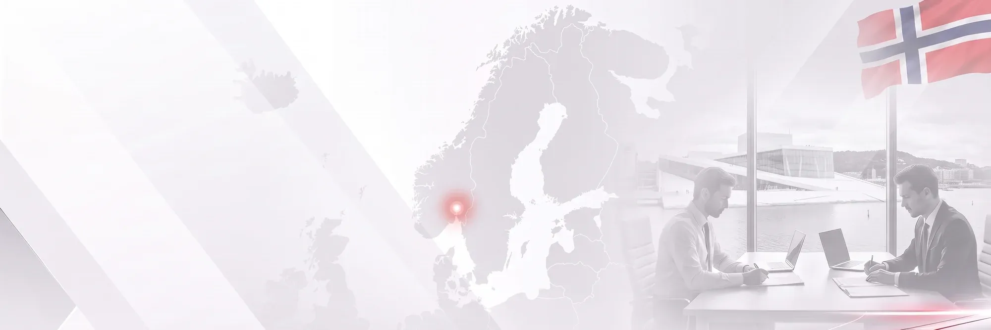 Company formation in Norway: two founders signing company documents, with Oslo in the background